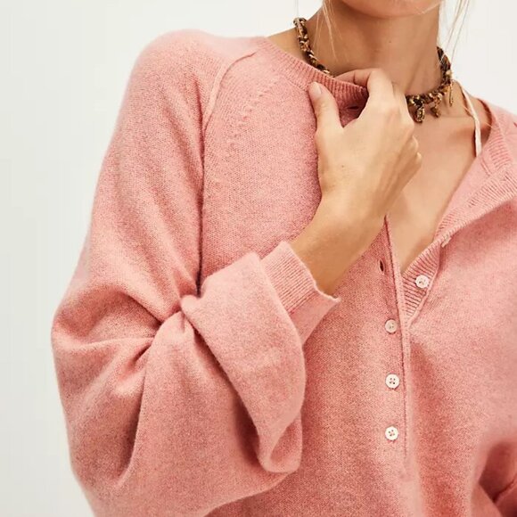 Free People NEW Porta Size L Cashmere Sweater Coral Pink Peach Women's Henley - Picture 3 of 10